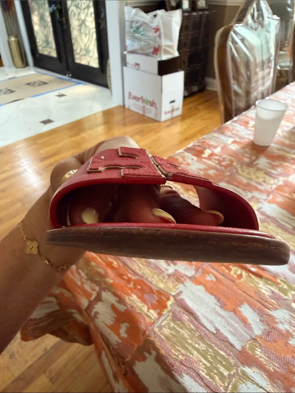 Tory Burch Red/Gold Double T leather slides